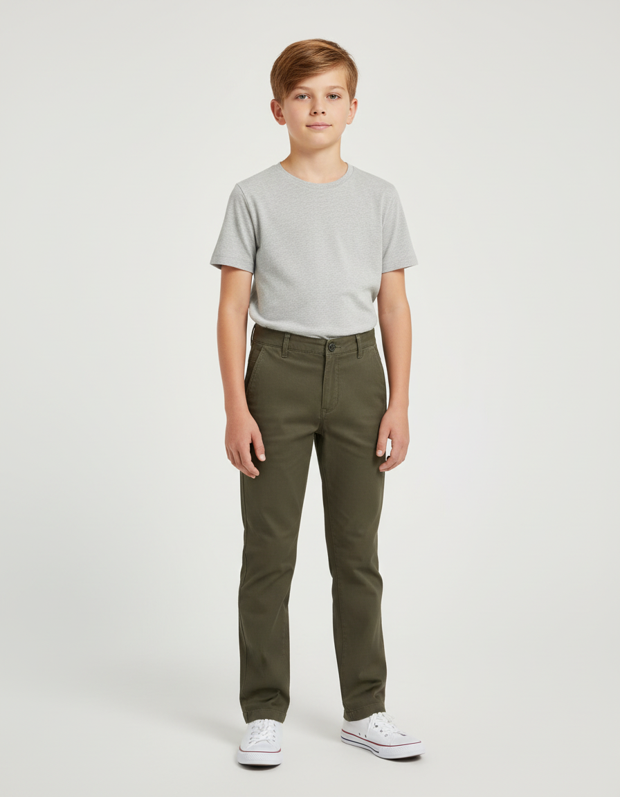 Pantalon Chino Vert Olive Coton Droit Garçon - Kaki