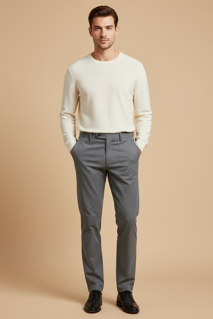 Pantalon Chino Gris Uni Slim Élégant Homme - Gabardine