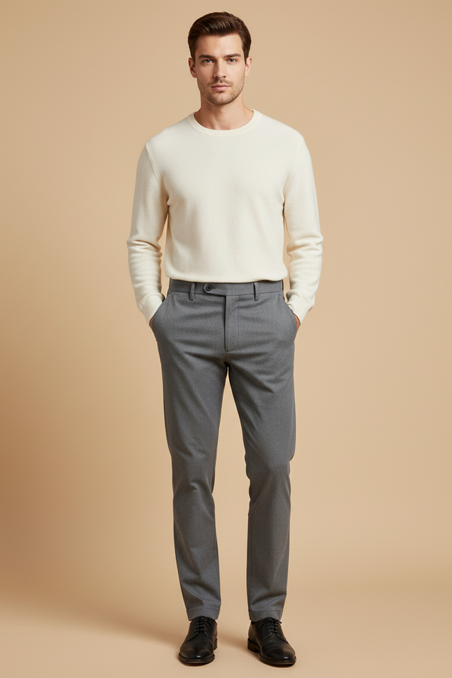 Pantalon Chino Gris Uni Slim Élégant Homme - Gabardine