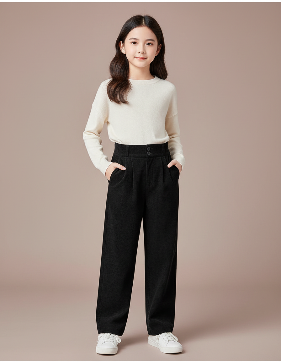 Pantalon Chino Noir Côtelé Droit Enfant Décontracté - Cordé