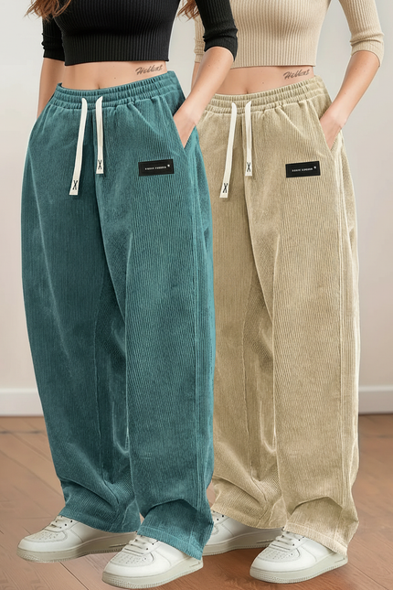 Pantalon Chino Côtelé Large Élastique Confortable Femme - Beige Cordé