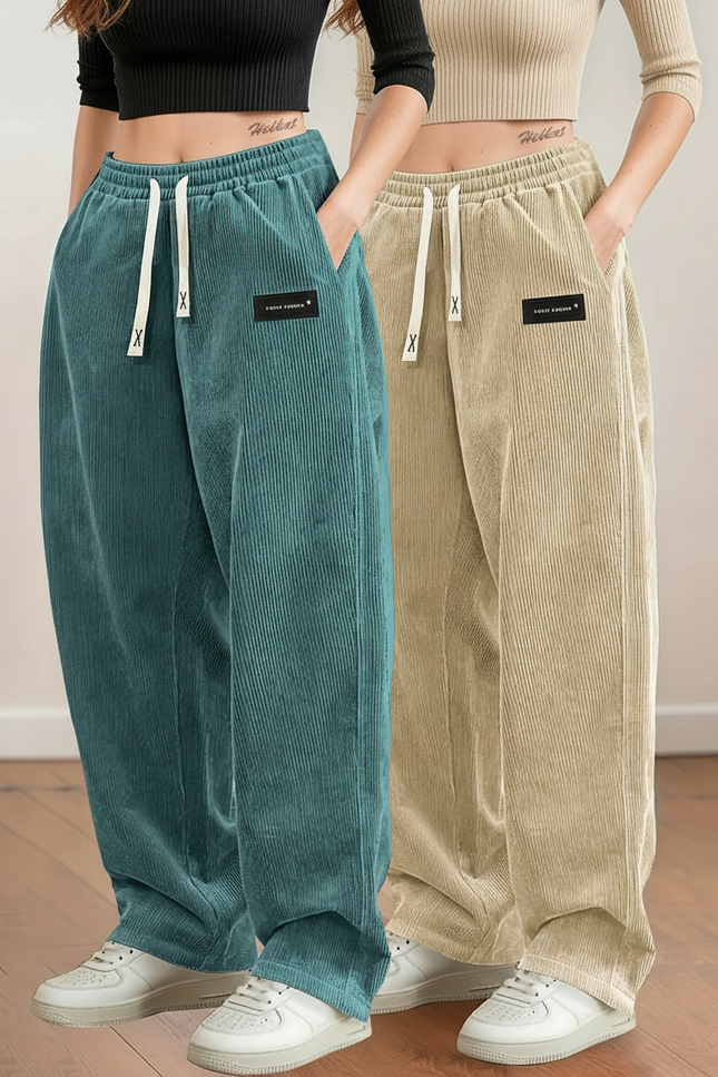 Pantalon Chino Côtelé Large Élastique Confortable Femme - Beige Cordé