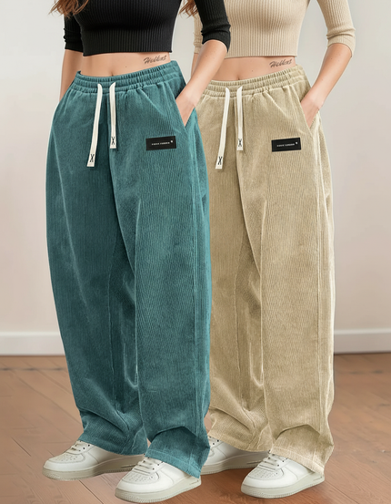 Pantalon Chino Côtelé Large Élastique Confortable Femme - Beige Cordé