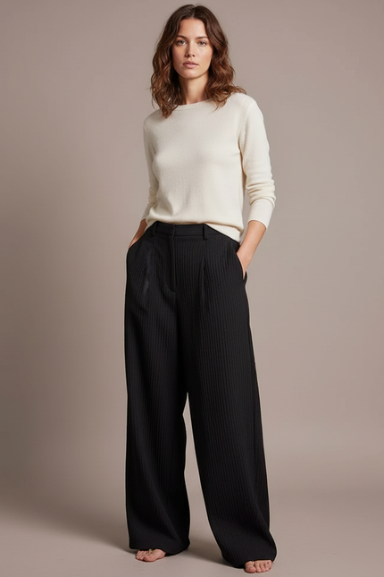 Pantalon Chino Noir Plissé Fluide Élégant Femme - Cordé
