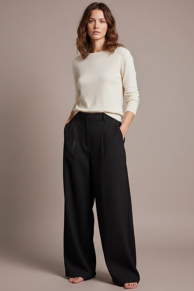 Pantalon Chino Noir Plissé Fluide Élégant Femme - Cordé