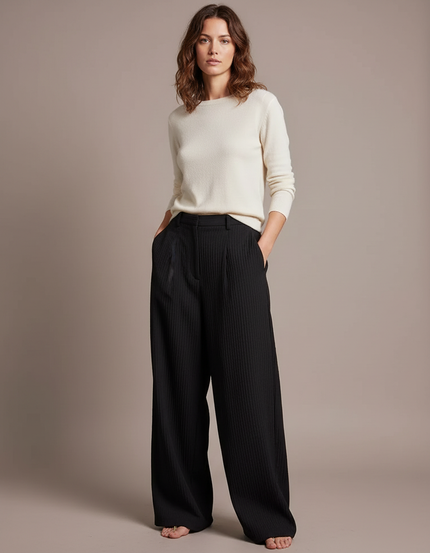 Pantalon Chino Noir Plissé Fluide Élégant Femme - Cordé