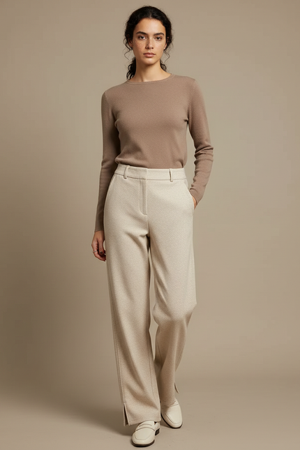 Pantalon Chino Écru Large Tissé Décontracté Femme - Beige Laine