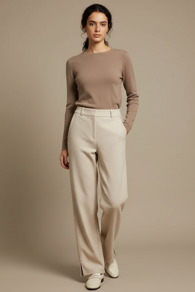 Pantalon Chino Écru Large Tissé Décontracté Femme - Beige Laine