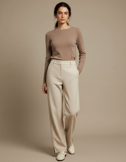 Pantalon Chino Écru Large Tissé Décontracté Femme - Beige Laine