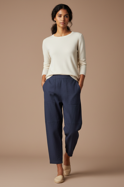 Pantalon Chino Bleu Marine Ample Coton Lin Femme