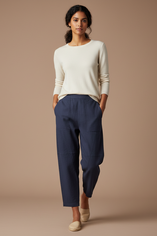 Pantalon Chino Bleu Marine Ample Coton Lin Femme