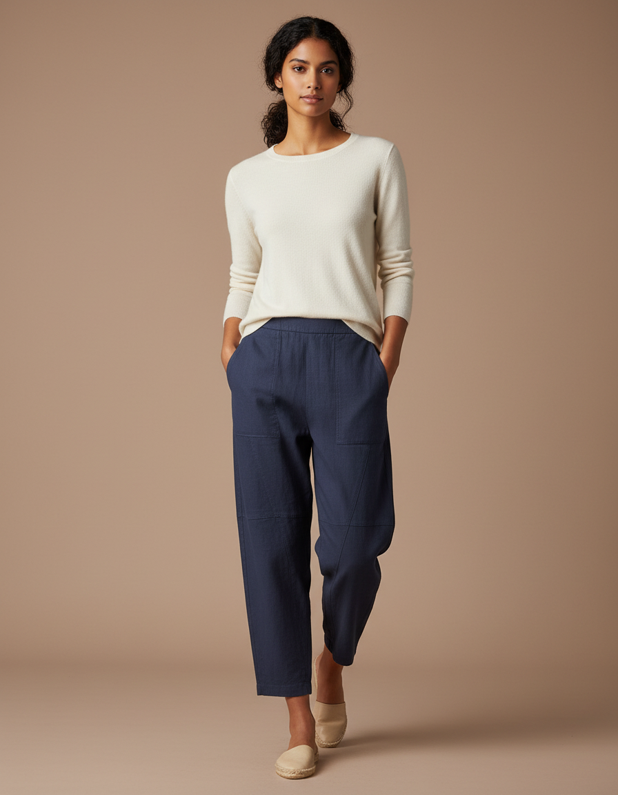 Pantalon Chino Bleu Marine Ample Coton Lin Femme