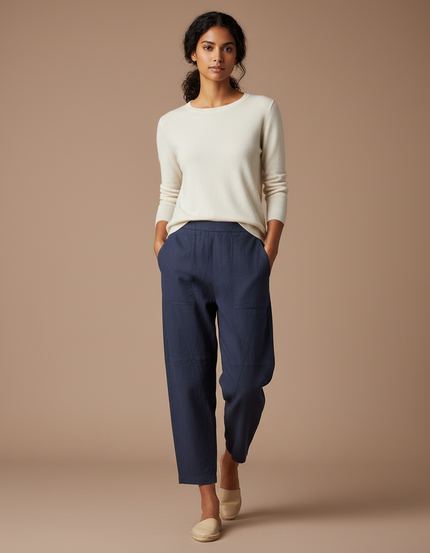 Pantalon Chino Bleu Marine Ample Coton Lin Femme