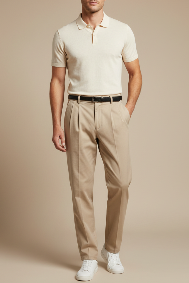 Pantalon Chino Homme Beige Plissé Décontracté Coton