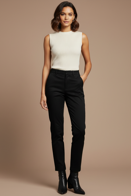 Pantalon Chino Noir Femme Coupe Droite Élégant - Gabardine