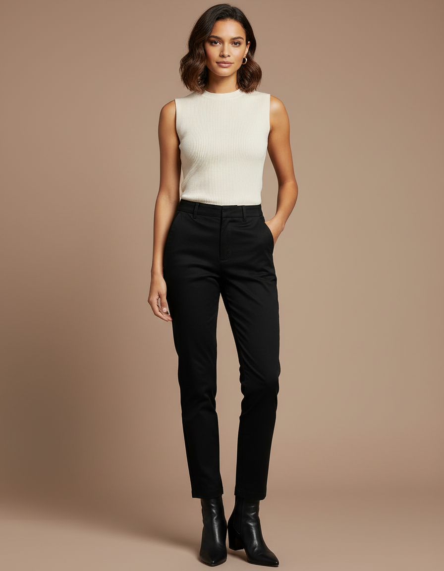 Pantalon Chino Noir Femme Coupe Droite Élégant - Gabardine