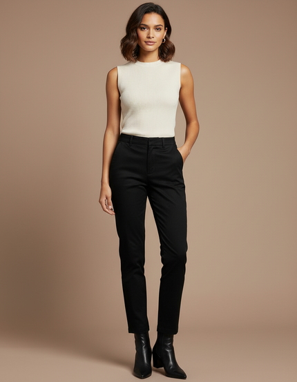 Pantalon Chino Noir Femme Coupe Droite Élégant - Gabardine