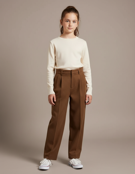 Pantalon Chino Marron Ample Plissé Hiver Épais - Laine