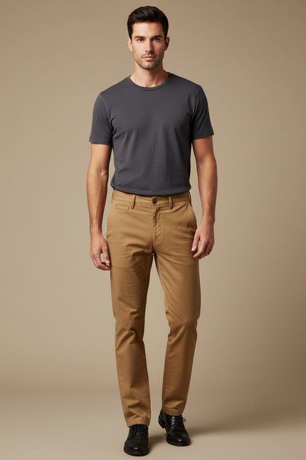 Pantalon Chino Marron Coton Droit Décontracté Homme