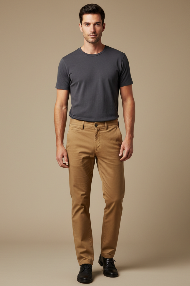 Pantalon Chino Marron Coton Droit Décontracté Homme