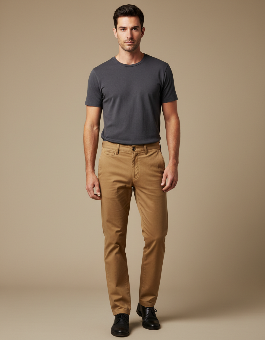 Pantalon Chino Marron Coton Droit Décontracté Homme