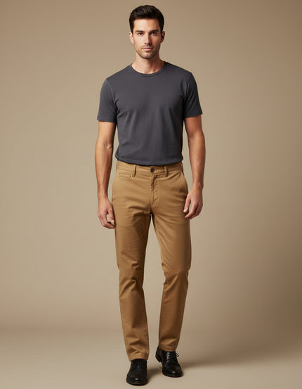 Pantalon Chino Marron Coton Droit Décontracté Homme