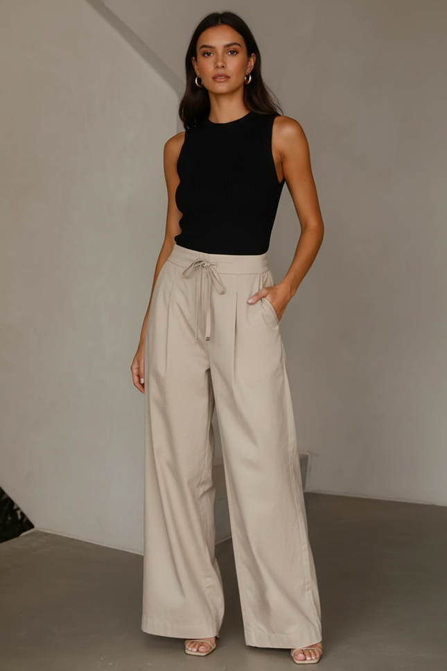 Pantalon Chino Beige Taille Haute Ample Fluide Élégant - Gabardine
