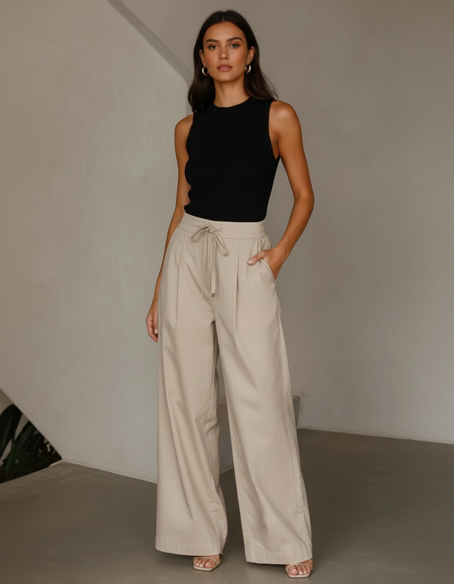 Pantalon Chino Beige Taille Haute Ample Fluide Élégant - Gabardine