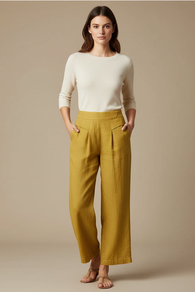 Pantalon Chino Jaune Moutarde Lin Ample Décontracté Femme
