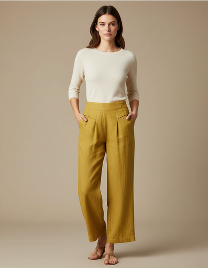 Pantalon Chino Jaune Moutarde Lin Ample Décontracté Femme