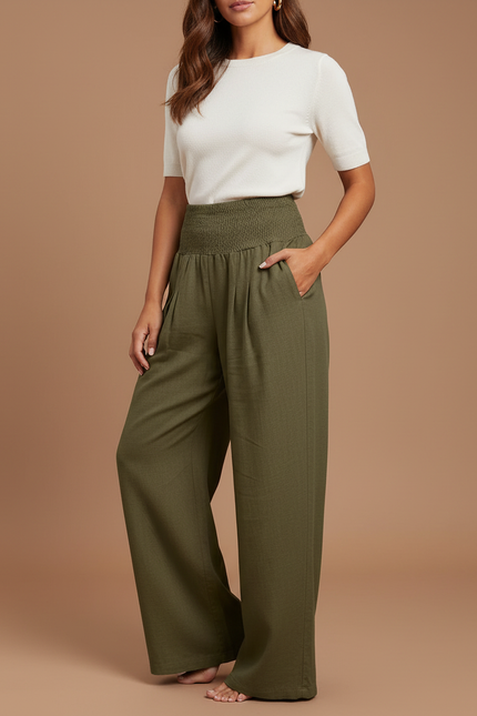 Pantalon Chino Kaki Ample Fluide Décontracté Femme - Lin