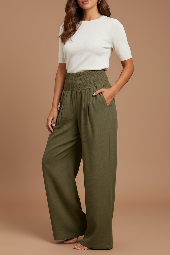 Pantalon Chino Kaki Ample Fluide Décontracté Femme - Lin