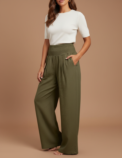 Pantalon Chino Kaki Ample Fluide Décontracté Femme - Lin