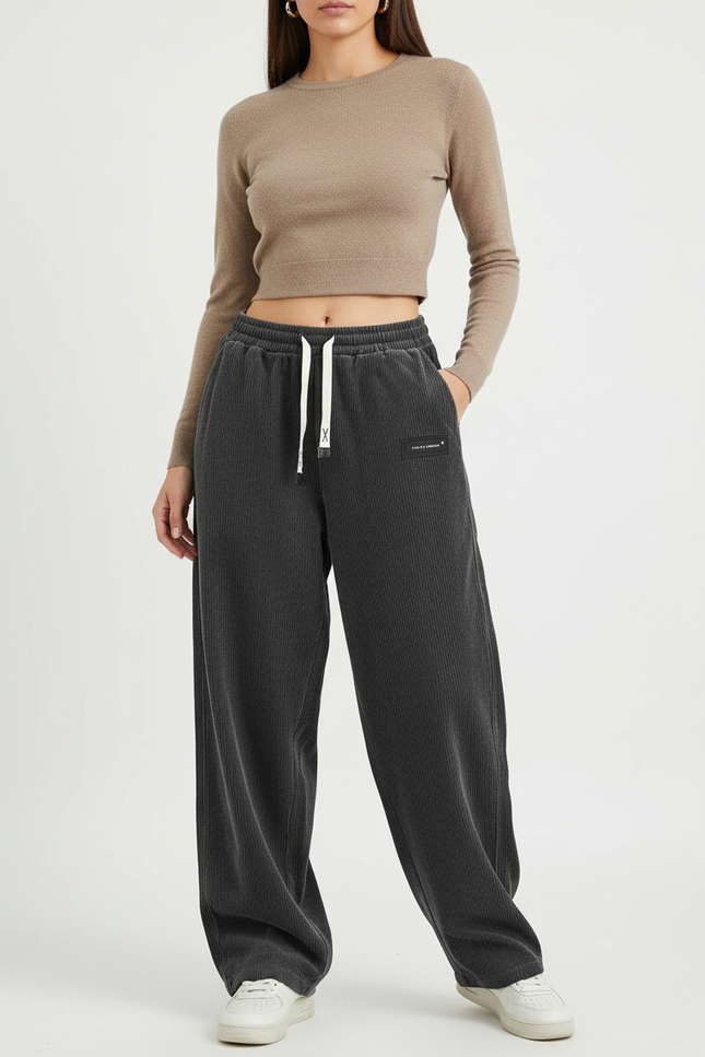 Pantalon Chino Large Côtelé Gris Élastique Décontracté - Cordé