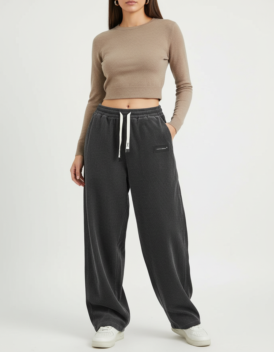 Pantalon Chino Large Côtelé Gris Élastique Décontracté - Cordé