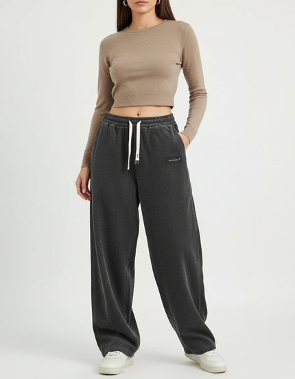 Pantalon Chino Large Côtelé Gris Élastique Décontracté - Cordé