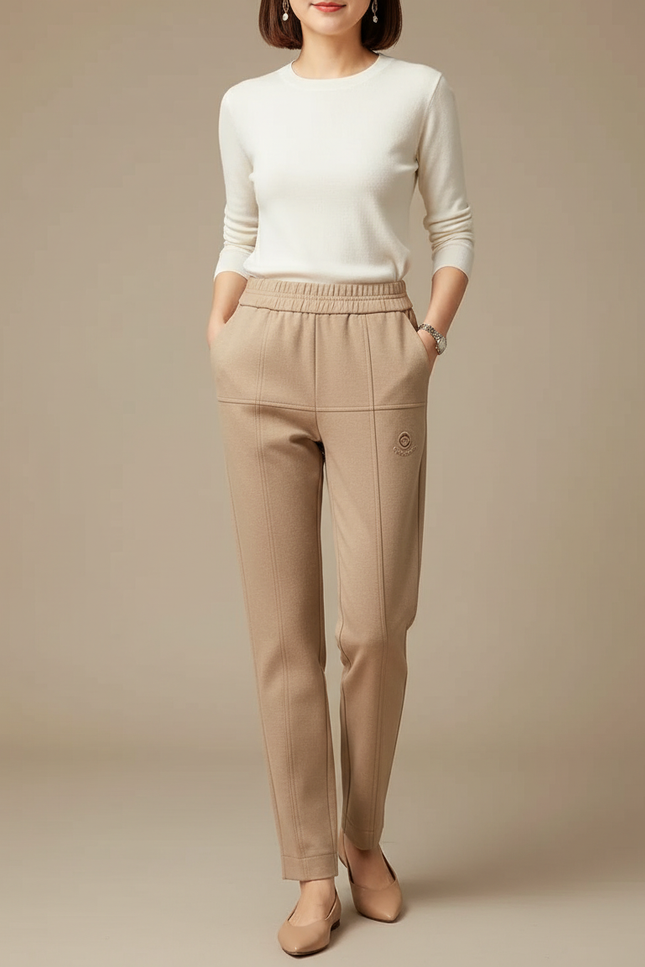 Pantalon Chino Beige Élastique Droit Femme Confortable - Molleton