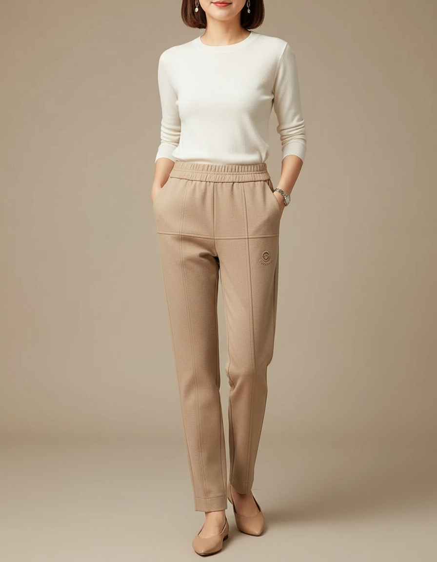Pantalon Chino Beige Élastique Droit Femme Confortable - Molleton
