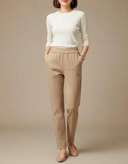 Pantalon Chino Beige Élastique Droit Femme Confortable - Molleton