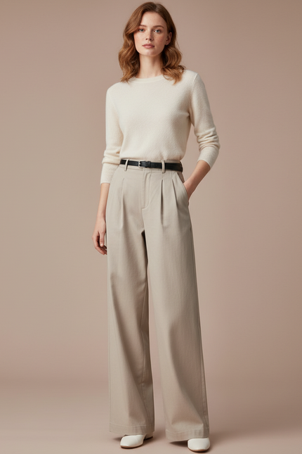 Pantalon Chino Beige Ample Taille Haute Décontracté Femme - Gabardine