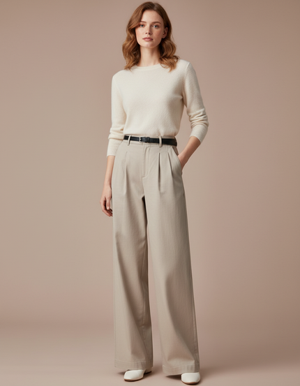 Pantalon Chino Beige Ample Taille Haute Décontracté Femme - Gabardine