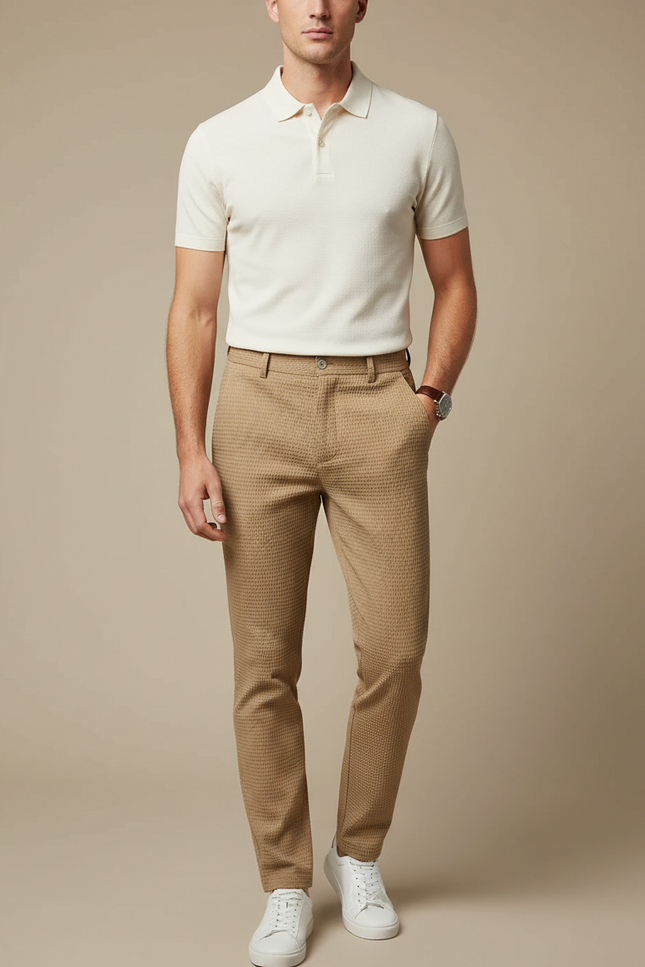 Pantalon Chino Homme Marron Motif Texturé Slim - Coton