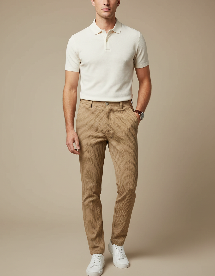 Pantalon Chino Homme Marron Motif Texturé Slim - Coton