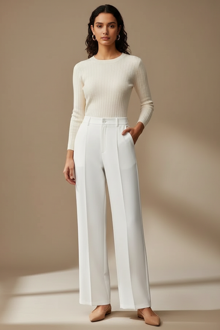 Pantalon Chino Blanc Ample Femme Élégant Fluide - Polyester