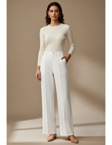 Pantalon Chino Blanc Ample Femme Élégant Fluide - Polyester