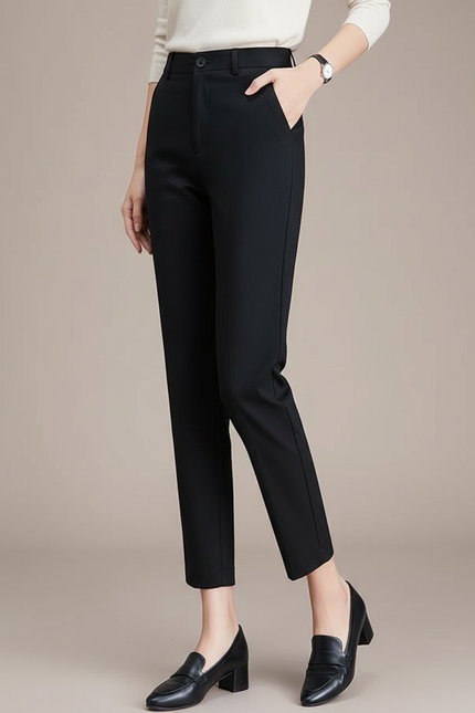 Pantalon Chino Noir Slim Taille Haute Élégant Femme - Polyester