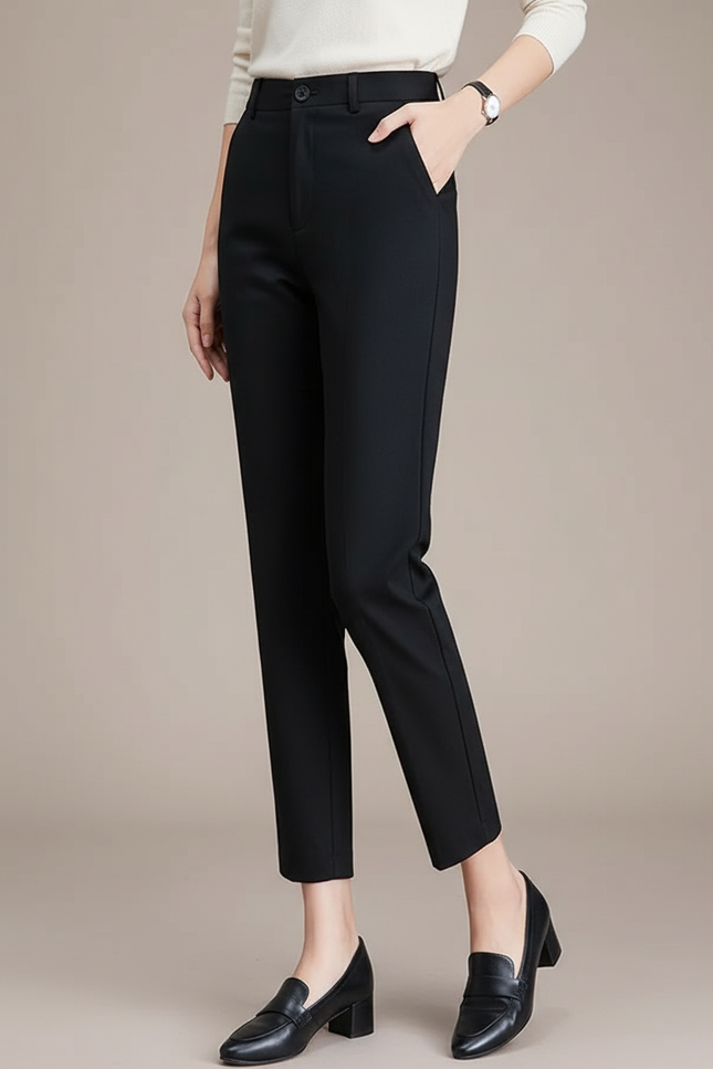 Pantalon Chino Noir Slim Taille Haute Élégant Femme - Polyester