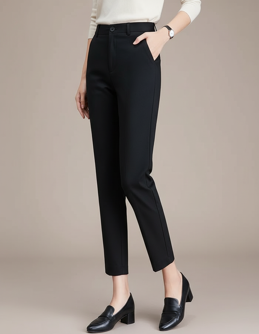 Pantalon Chino Noir Slim Taille Haute Élégant Femme - Polyester
