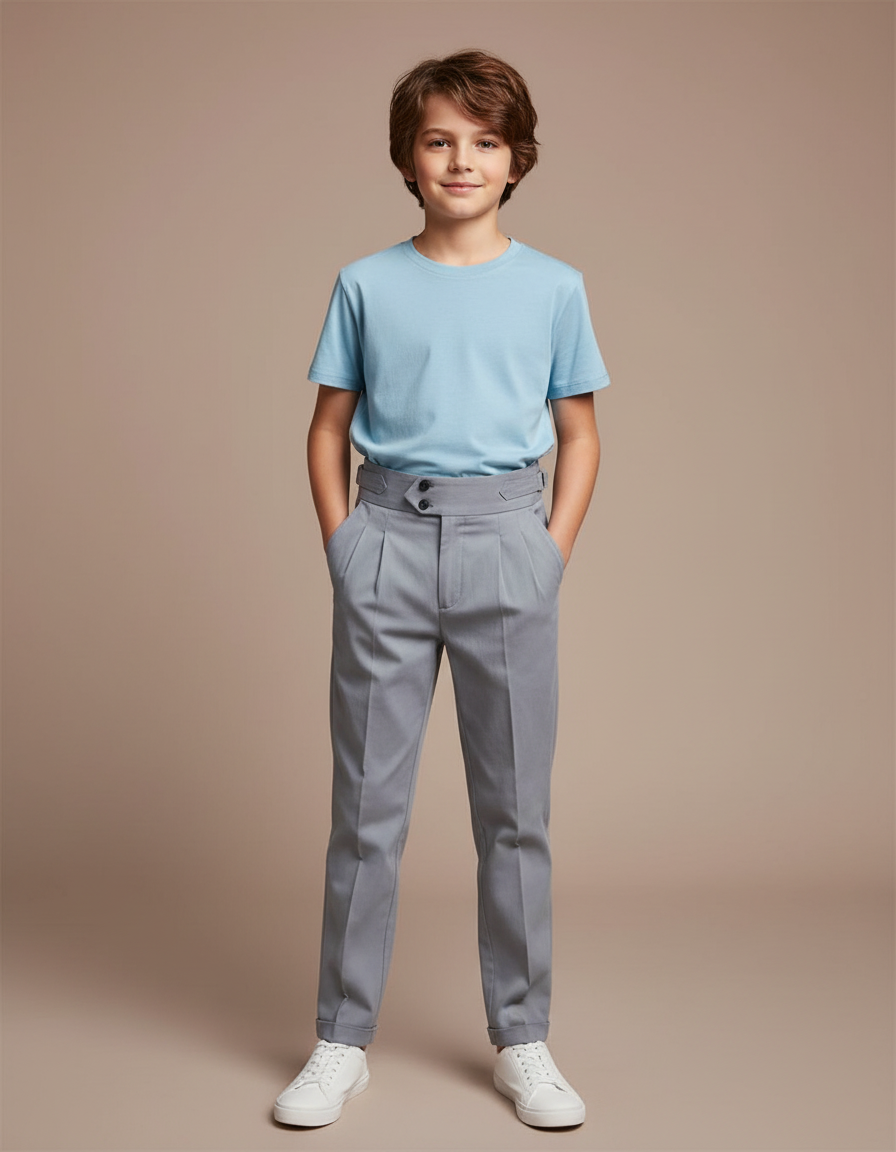 Pantalon Chino Gris Plissé Slim Élégant Enfant - Gabardine