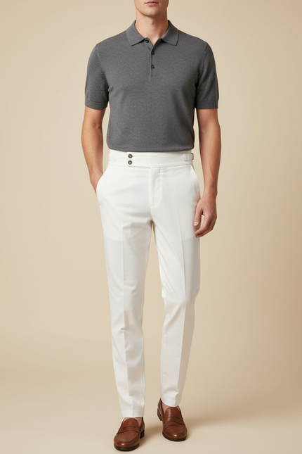 Pantalon Chino Blanc Cassé Taille Haute Élégant Homme - Gabardine